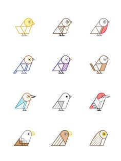 birds are arranged in different colors and sizes on a white background, with one bird standing out from the others