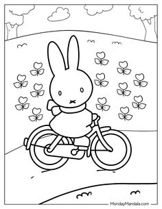 a cartoon bunny riding a bike in the park with butterflies flying above it and on the ground