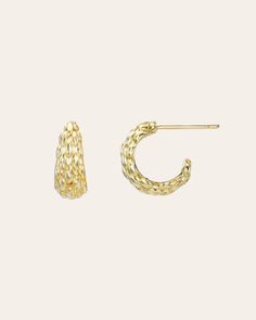 Delicately crafted from solid 14k yellow gold, these woven, round-shaped earrings offer a textured look that can be dressed up or down for day or night. Sold as a Pair Total Weight: Approx. 2 grams Size: Approx. 13mm (W) x 13mm (H) Thickness: Approx. 3mm Standard Production: 4-7 business days Rush Order Production: 2-5 business days Shipping: Select shipping method at checkout. Shipped from our L.A. Studio. Textured Small Hoop Yellow Gold Earrings, Elegant Textured Gold Plated Earrings, Textured Round Earrings For Gifts, Round Stud Earrings, Text Color, Rush, Colorful Backgrounds, Yellow Gold, Stud Earrings