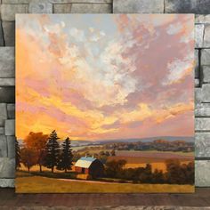 an oil painting of a sunset over a farm with trees in the foreground and clouds in the background