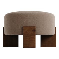 an upholstered footstool with wooden legs and a beige fabric seat cover