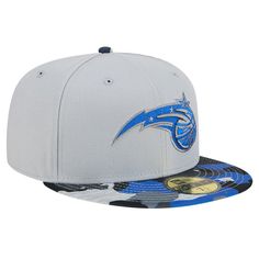 Top off your favorite Orlando Magic outfit in street-ready style with this Active Color Camo Visor 59FIFTY fitted hat. Crafted by New Era, this cap features a classic six-panel, fitted construction. The twist comes with the sleek gray colorway and eye-catching camo design on the visor. The raised embroidery of your favorite squad's logo on the front crown completes the bold look, making this hat a must-have for any Orlando Magic fan. Material: 100% Polyester Officially licensed Gray underbill Fl Casual Brimmed Fitted Hat For Streetwear, Magic Hat, Raised Embroidery, Camo Designs, Orlando Magic, Fitted Hat, Fitted Hats, New Era, Orlando