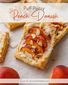 peach danish with white icing and almonds on top, sitting next to sliced peaches