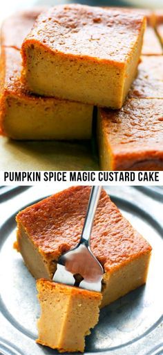 pumpkin spice magic custard cake on a plate