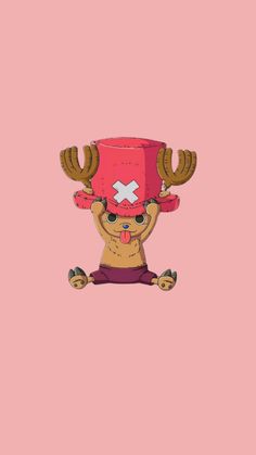 an animal wearing a red hat with horns on it's head, sitting in front of a pink background