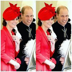 the royal couple smile as they pose for pictures in their official red outfits and hats