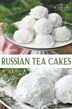 russian tea cakes on a plate with pine branches