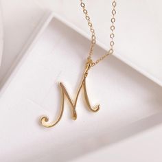 "M Initial Necklace - Cursive \"M\" initial gold necklace - Personalized Name initial gold necklace for women, for wife, for daughter, for mom Dainty \"M\" initial. Perfect every day necklace. Lovely gift for your self, sister, bridesmaids, new mom. Convo me if you would like to customize the length of the chain. The possibilities are endless. Pendant: Base metal is brass and 16K gold plated. Chain is 18 inches, 14k gold filled. (if you would like a longer or shorter chain, please contact us to Heart Shaped Diamond Pendant, Luxury Monogram, Pave Heart Necklace, Word Necklace, Script Initial, Alphabet Necklace, Cursive Script, Initial Necklace Gold, Initial Pendant Necklace