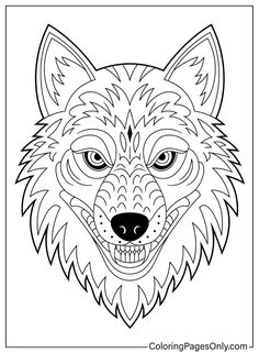 an adult wolf's face is shown in the shape of a coloring book page