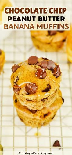 chocolate chip peanut butter banana muffins stacked on top of each other with text overlay