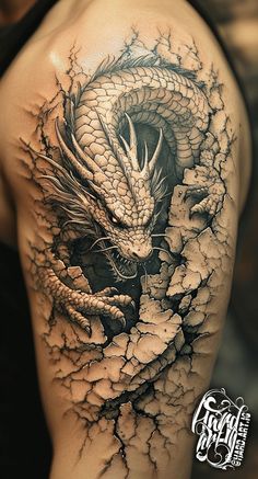 #dragontattoo #3dtattoo #realistic tattoo #blackandgreytattoo #dragonart #fantasytattoo #inkedmen #tattoodesign #shouldertattoo #backtattoo #powerful 3d Tattoo Designs Ideas, Best Back Tattoos For Women, Mens Dragon Tattoo, Tattoo 3d Realistic, Tattoo 3d, Dragon Samurai Tattoo, Lord Of The Rings Dragon Tattoo, Dragon Tattoo On Back, Torn Skin Tattoo Design