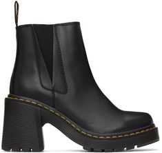 Ankle-high buffed leather Chelsea boots in black. Round toe. Tonal elasticized gusset at sides. Logo-woven webbing pull-loop in black and yellow at heel collar. Signature yellow stitching at welt. Covered rubber block heel. Tonal signature treaded Air Cushion rubber sole. Approx. 1 platform; 3.5 heel. Supplier color: Black Heel Chelsea Boots, Heeled Chelsea Boots, Dr Martens Black, Shoes Boots Ankle, Black Chelsea Boots, Leather Chelsea Boots, Black And Yellow, Black Ankle Boots, Black N Yellow