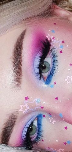 Easter Makeup Looks Simple, Pink And Blue Makeup Looks, Space Makeup Looks, Pink And Blue Makeup, Kidcore Makeup, Barbie Inspired Makeup, Pride Looks, Funky Makeup, Makeup Drawing