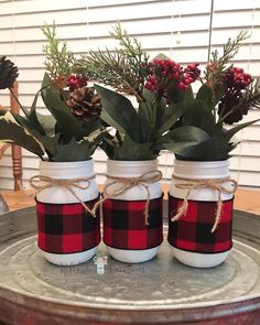 three mason jars filled with greenery and pine cones