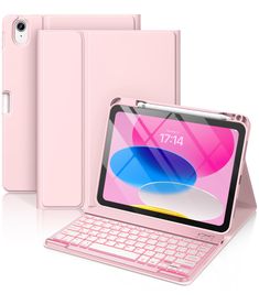 the pink ipad case is open and has a keyboard on it, with an image of a