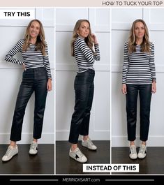 How to Tuck, Untuck, and Half Tuck Your Tops - Merrick's Art Tucked In Shirt Outfit, Aritzia Coat, Dark Green Coat, Jcrew Coat, Merricks Art, Brown Sweater Dress, Fashion Diva, Fleece Leggings, Black Chelsea Boots