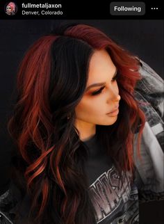 Hair Color 2023 Money Piece, 2023 Color Blocking Hair, Long Red Hair Color Ideas, Black And Natural Red Hair, Darker Hair Dye Ideas, Dark Hair Inspiration Medium, Red Hair Black Peekaboo, Hair Color Ideas For 30 Year Olds, 4 Quadrant Hair Color