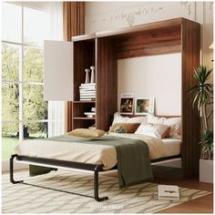 a bedroom with a bed, bookshelf and plants on the floor next to it