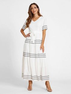 White Half Sleeve V-neck Modest Maxi Dress With Sashes Modest Maxi Dress, Church Clothes, Modest Maxi, Floral Print Pants, Maxi Dress Sale, Dresses Cheap, Glamorous Dresses, Casual Long Sleeve Shirts, Short Sleeve Maxi Dresses