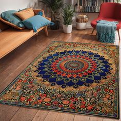 a living room with a large rug on the floor