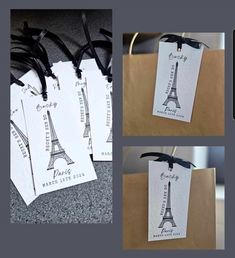 four different pictures of tags with the eiffel tower in black and white on them