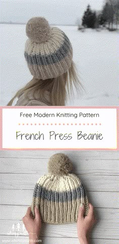 the french press beanie is knitted in two different colors