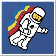 an image of a lego man in space suit with rainbow stripes on the side and blue background