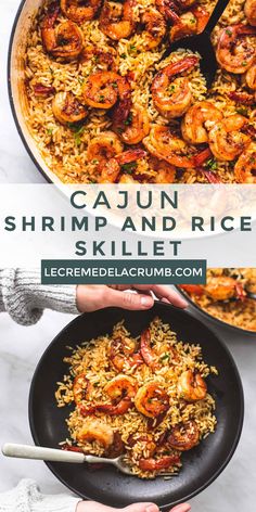 cajun shrimp and rice skillet in a pan with two hands holding the skillet