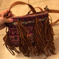 Aztec Print Behind Fringe, Never Used Brown Bohemian Fabric Bags, Bohemian Brown Fabric Bags, Casual Brown Fabric Shoulder Bag, Casual Brown Bag As Fashion Accessory, Bohemian Multicolor Bags For Fall, Trendy Multicolor Fringe Bag, Bohemian Multicolor Fall Bags, Casual Fringe Shoulder Bag For Shopping, Bohemian Shoulder Bag With Adjustable Strap For Errands