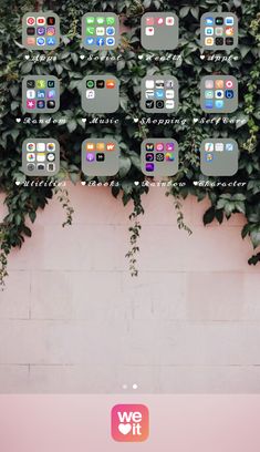 the wall is covered with green plants and various app icons on it's side