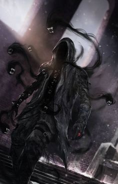 a man with long black hair standing in the middle of a dark alleyway, surrounded by water droplets