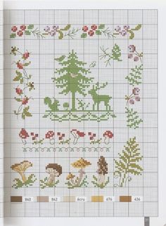 a cross stitch pattern with animals and trees