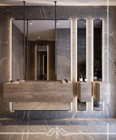 an elegant bathroom with marble walls and flooring is seen in this image from the front view