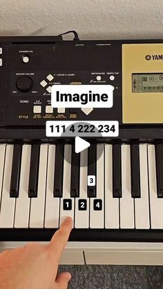 someone is playing an electronic keyboard with the words imagine above it and below it are images