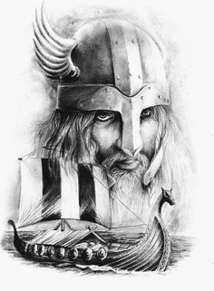 a black and white drawing of a man in a viking helmet next to a boat