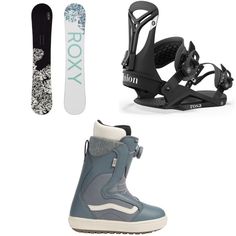 snowboard equipment and skis are shown in this image, including one with the word roxy written on it