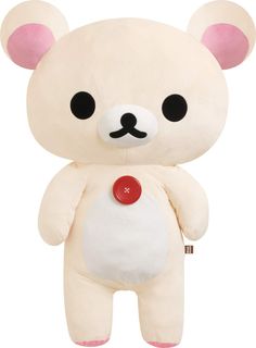 a white teddy bear with black eyes and pink ears, standing up against a white background