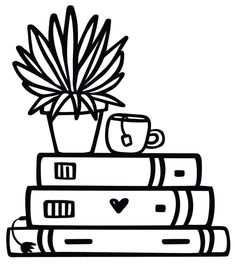 a stack of books with a potted plant on top and coffee mug in the middle