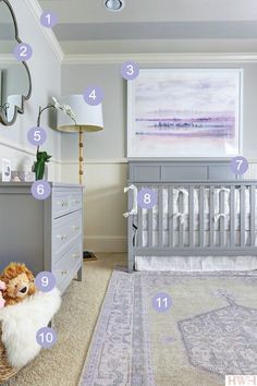 a baby's room with a crib, dressers and a painting on the wall