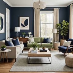 a living room with blue walls and furniture in the center, along with potted plants