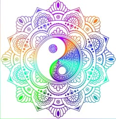 a rainbow colored yin - yang symbol in the center of a circular flower pattern on a white background