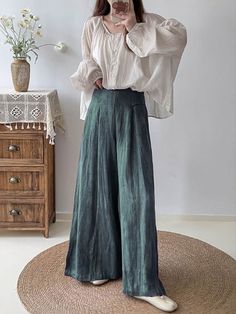 Style: Elegant Material: Linen Pattern: Solid Color Length: Full Length Closure Type: Elastic Silhouette: Wide Leg Gender: Female Season: Spring/Fall #wideleg #elegant #pants #palazzopants Loosely Fitted Green Wide Leg Pants For Fall, Relaxed Fit Full Length Dress Pants For Spring, Spring Solid Color Full-length Dress Pants, Spring Solid Color Full Length Dress Pants, Spring Full-length Dress Pants In Solid Color, Elegant Green Relaxed Fit Pants, Green Ankle-length Wide Leg Pants, Linen Palazzo Pants, Elegant Pants