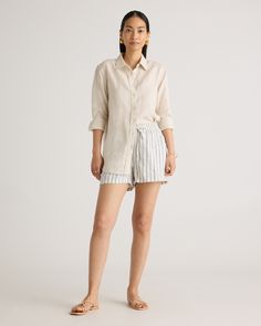 These cute and comfy linen shorts are a summer staple in our wardrobes. Easy to wear for that laidback aesthetic, with a drawstring waist and pockets. Our linen is made from 100% European flax, which is more sustainable and less resource-intensive to grow. Linen is the ultimate temperature-proof fabric because it's breathable and naturally heat-regulating.  | Quince | Women's 100% European Linen Shorts in Oatmeal / Black Stripe, Size Large Laidback Aesthetic, Boyfriend Cardigan, Natural Textiles, Women Shorts, European Linens, Fabric Structure, Re A, Stepping Out, Summer Staples