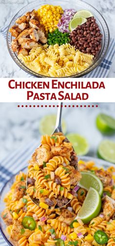 chicken enchilada pasta salad on a plate with limes, beans and corn