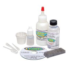 the contents of a diy kit including glue, toothbrushes and other items