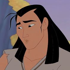 an animated man with long black hair wearing a gray shirt and looking to his left