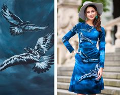 "Eagle Dress, Printed Dress, Bird Dress Dress with abstract blue eagle print ➤ Features > dress length: 42.12\" / 107 cm > long sleeves > rounded neckline > side pockets > lining in skirt part > zipper on the back ➤ Sizing My Size Guide in FAQ section below will help you define the perfect size match. The item can also be made according to your measurements - just message them to me. ➤ Delivery Your item is made-to-order and will be ready within 2-7 days. Average delivery times Blue Dress Plus Size, Dress Bird, Cocktail Skirts, Eagle Dress, Burgundy Skirt, Bird Dress, Marine Uniform, Blue Print Dress, Abstract Dress