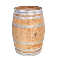 a wooden barrel sitting on top of a white floor