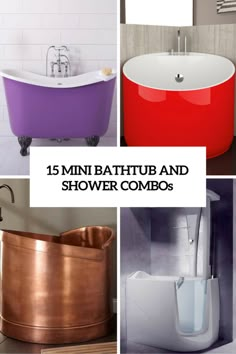 different bathtub and shower combos in various colors