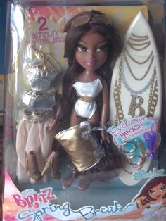 a barbie doll in a box with some jewelry on it's back and a surfboard behind her